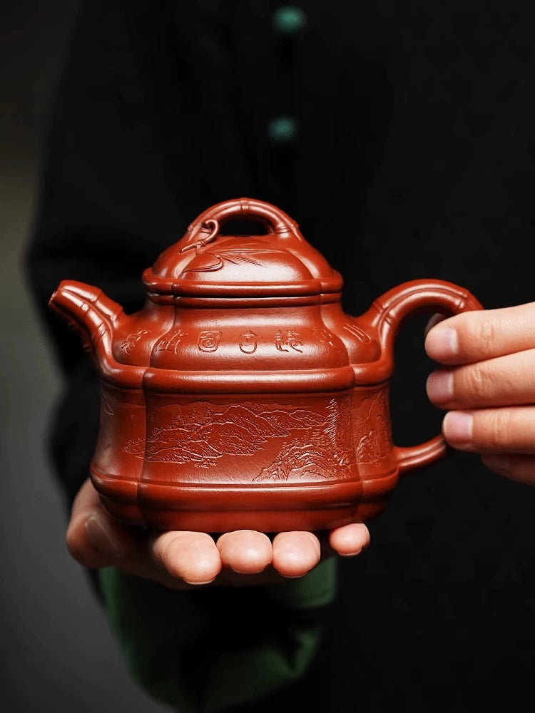 Yixing purple clay  Qian Qi carved Sifang bamboo tripod teapot