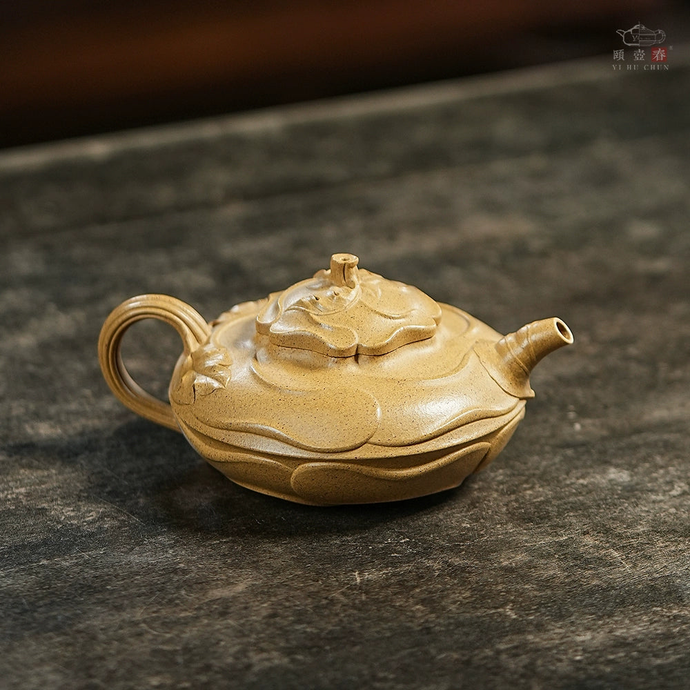 Yihu Chun handmade wind roll sunflower purple clay pot raw ore gold section teapot