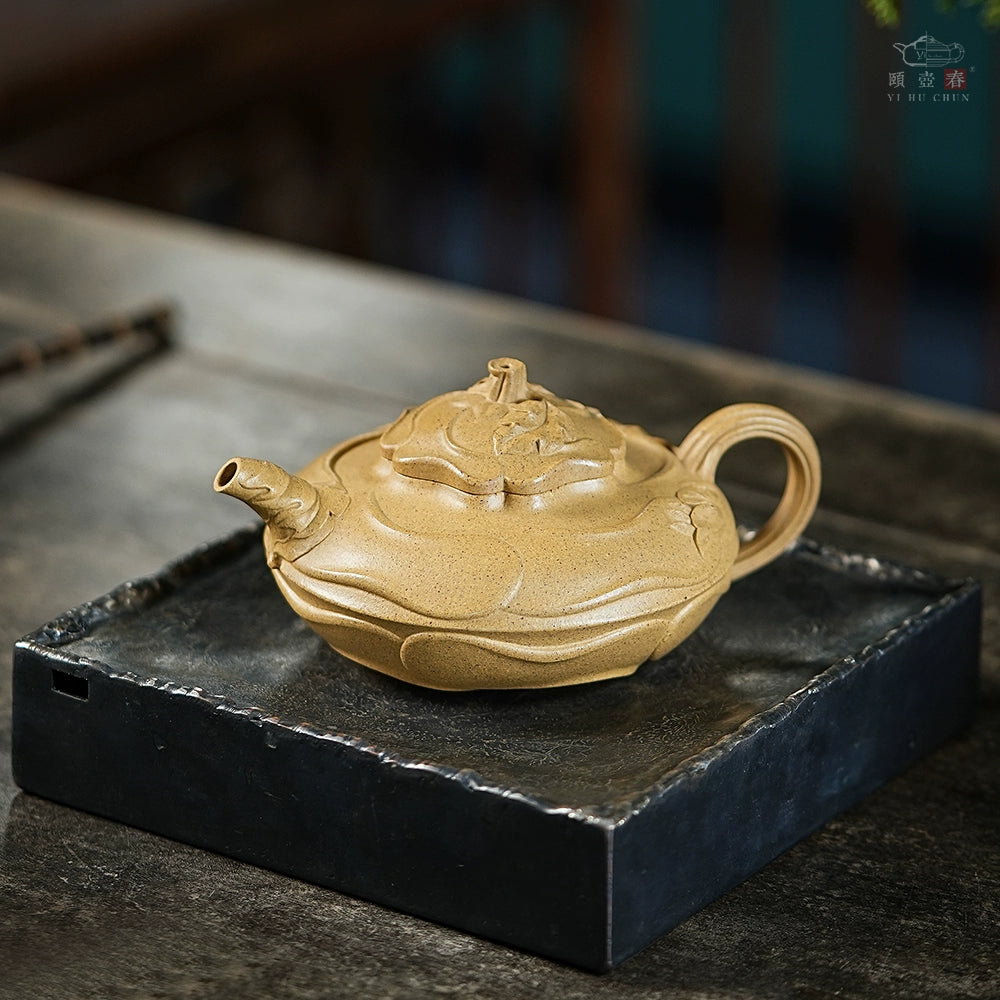 Yihu Chun handmade wind roll sunflower purple clay pot raw ore gold section teapot