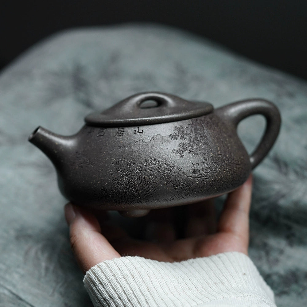 Yixing purple clay  Fangyuan handmade carved Jingzhou stone scoop teapot