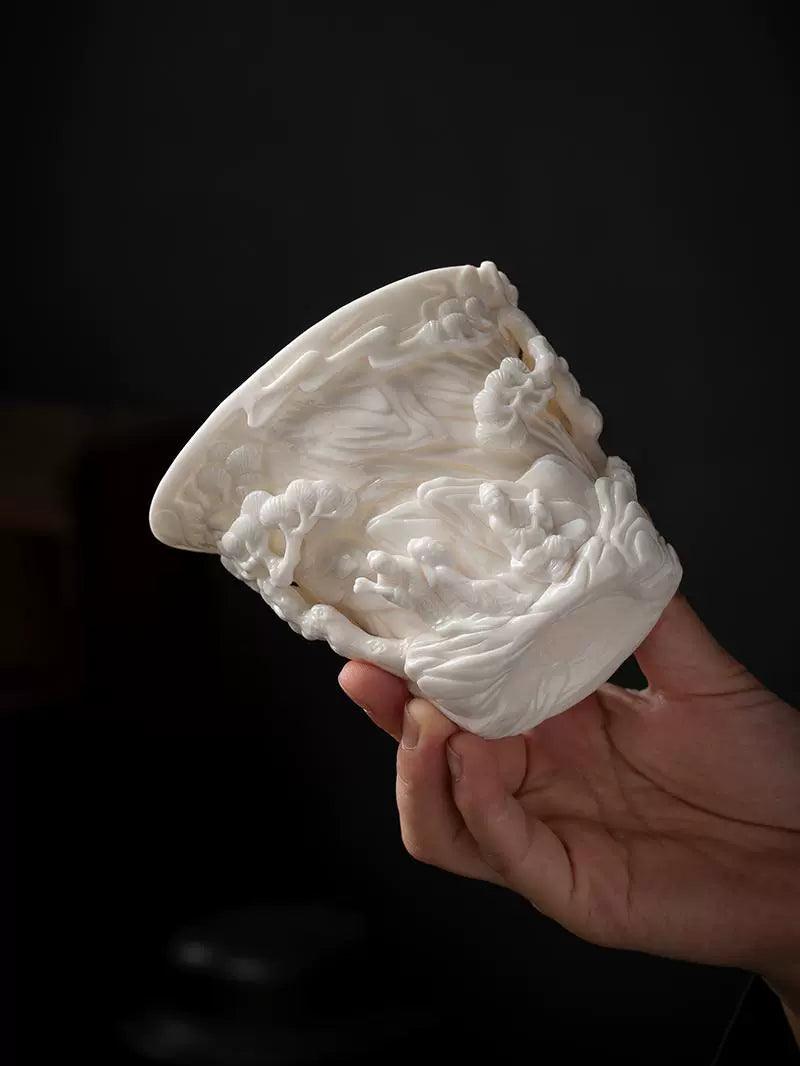 Dehua mutton fat jade ivory white carving artwork teacup
